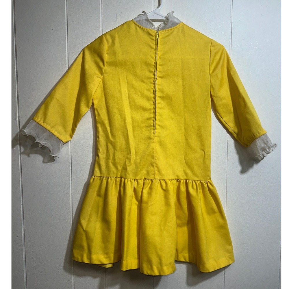 Vintage Yellow Drop Waist Dress Ruffle High Neck Long Sleeve Retro Handmade - Picture 6 of 6